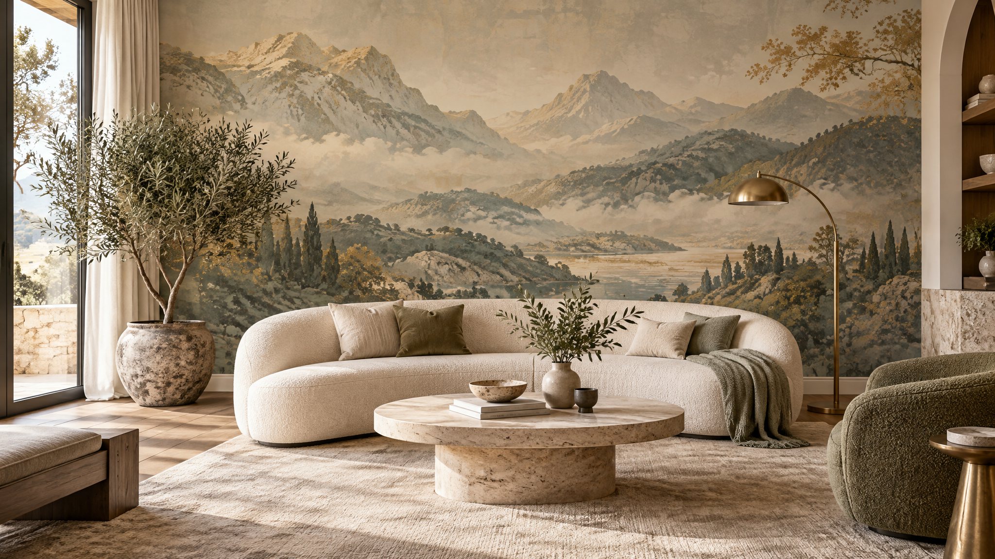 A contemporary lounge with a full-wall artistic mural wallpaper of a misty mountain landscape