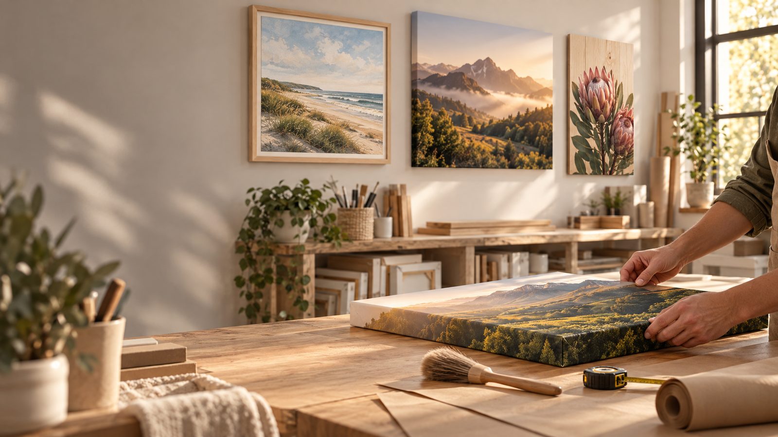 A warm gallery wall of custom canvas, framed and acrylic prints