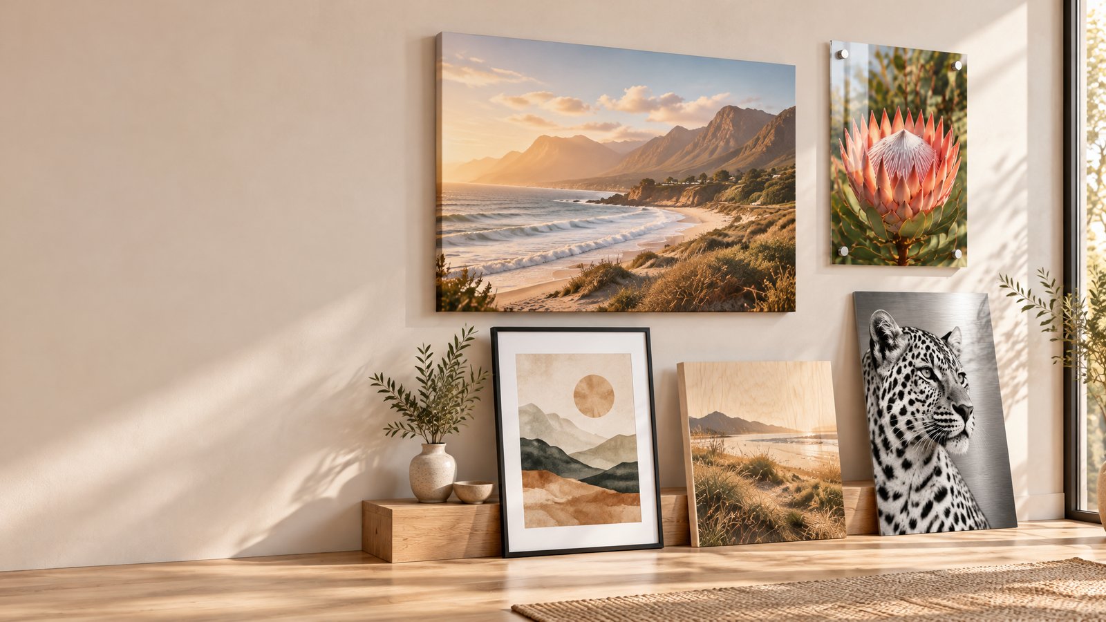 A studio display of canvas, framed, acrylic, wood and metal prints in a range of sizes leaning against a warm wall