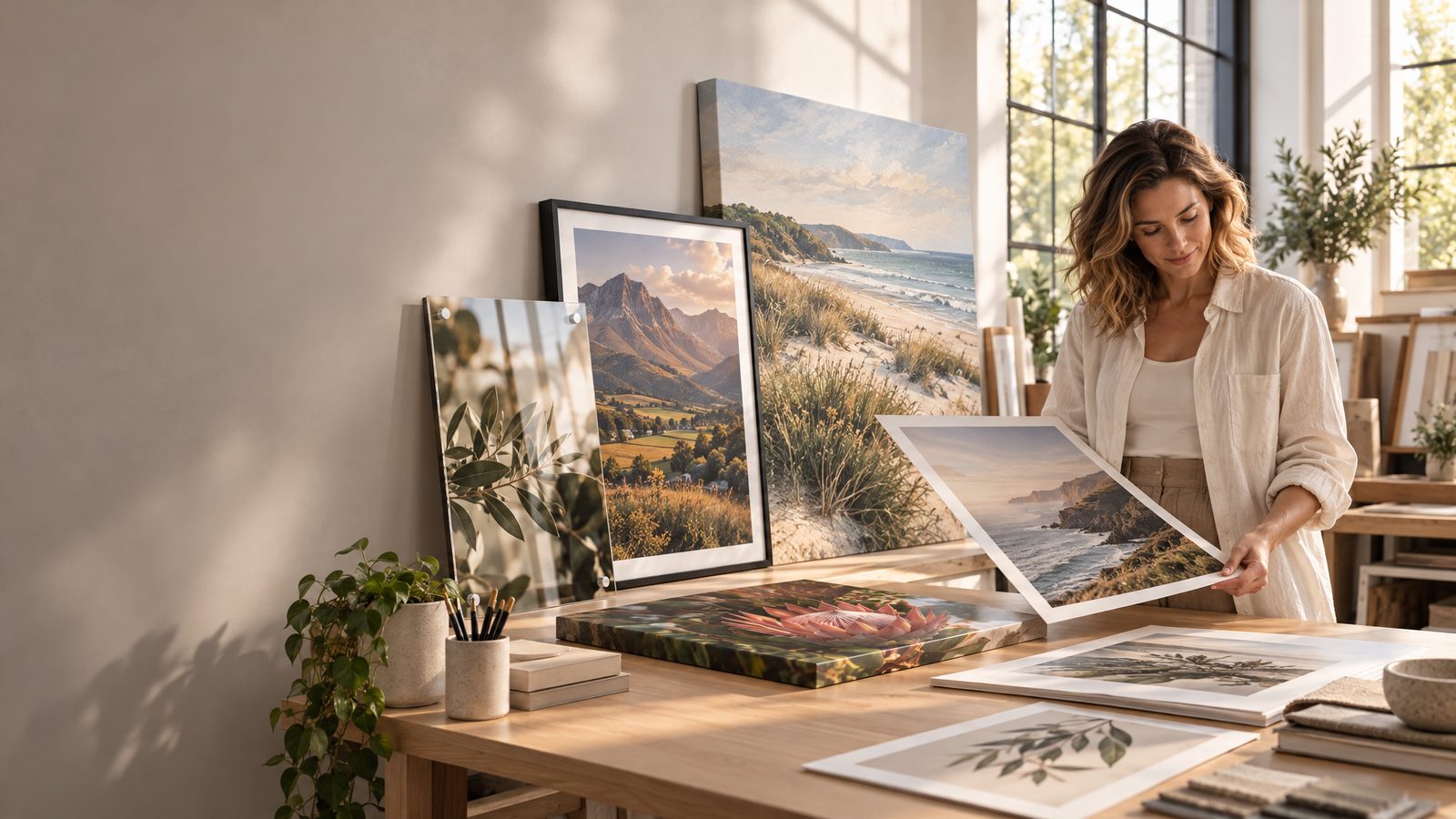 A creative professional reviewing finished canvas, framed and acrylic prints in a bright studio