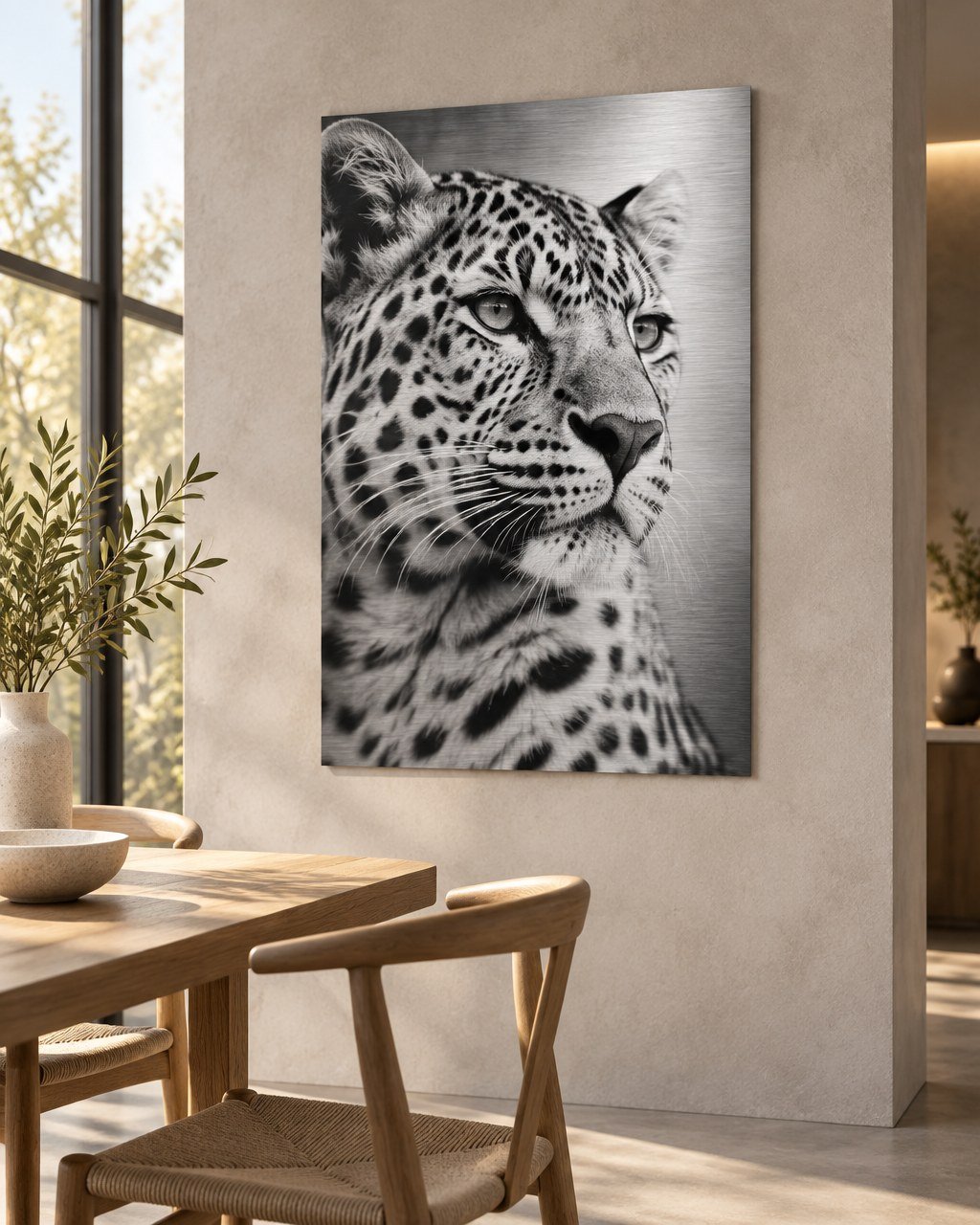 Brushed Silver Aluminium Print: Large landscape brushed silver aluminium print on a feature wall in a modern living room