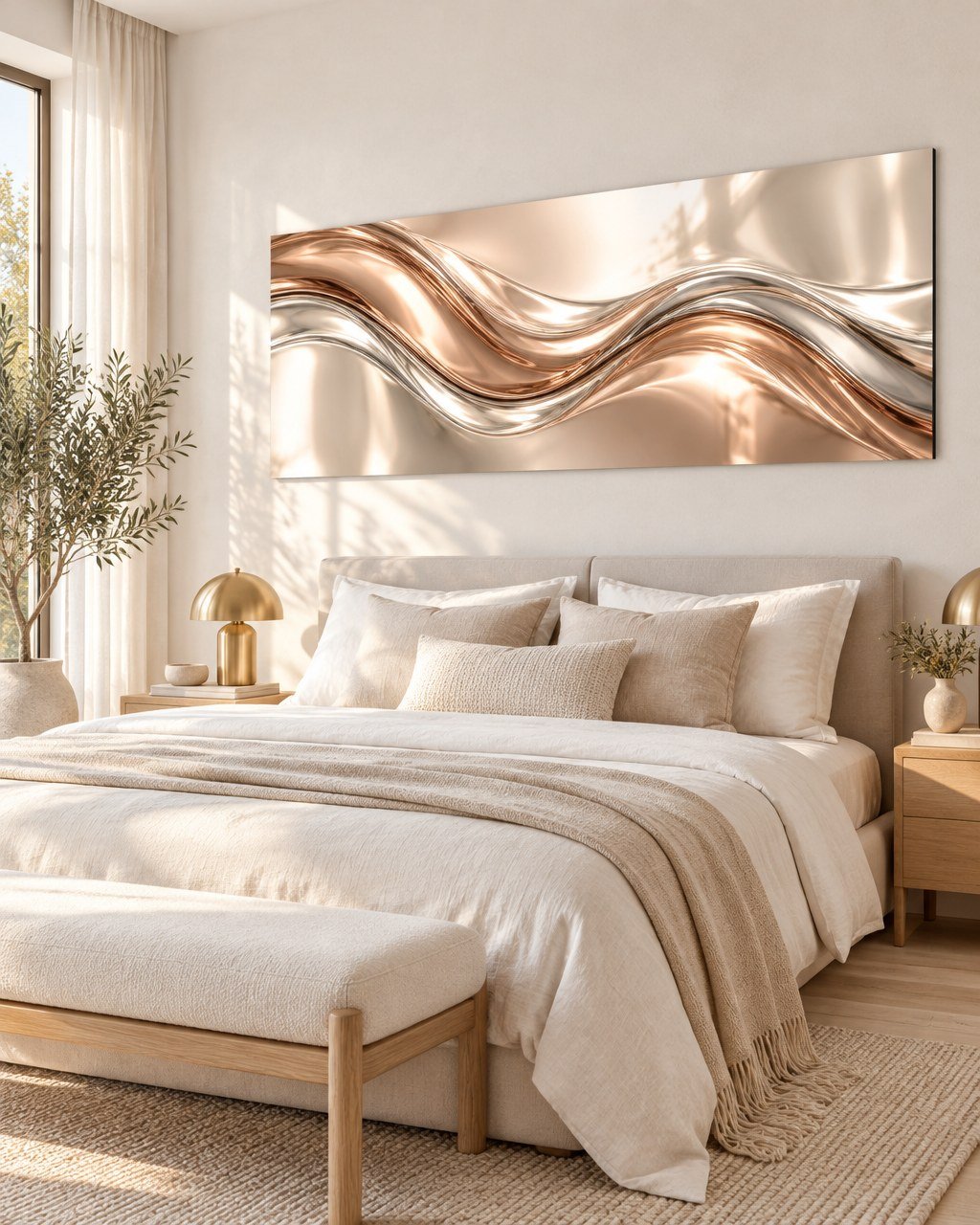 Chrome Deluxe Aluminium Print: Large landscape chrome deluxe aluminium print on a feature wall in a modern living room