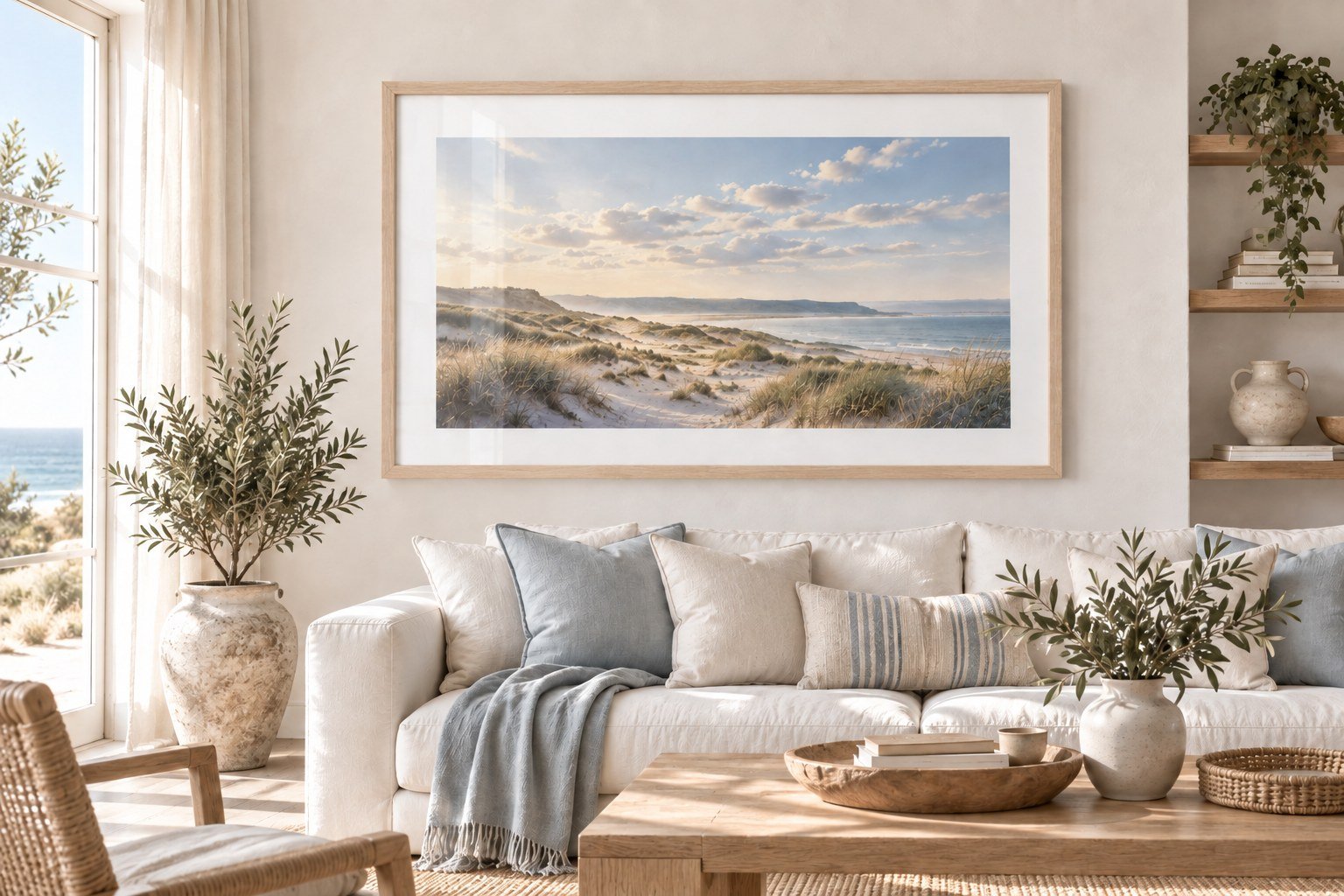Contemporary Framed Print: Large landscape contemporary framed print in one wood veneer finish above a sofa in a bright living room