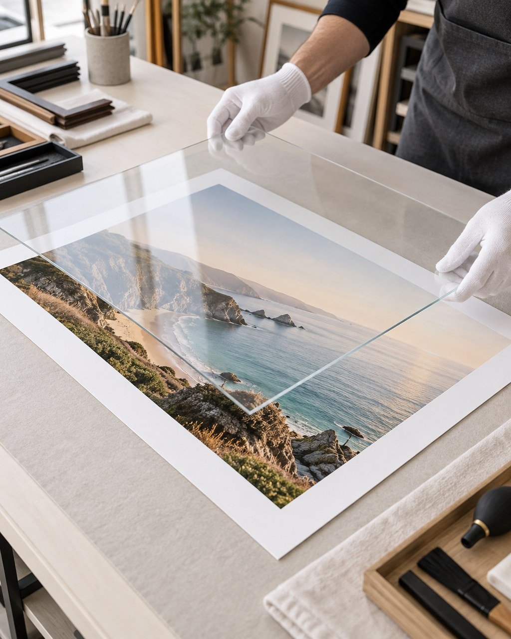 Fine Art Matt Photo Print: Fine art print with a white border being placed into a frame