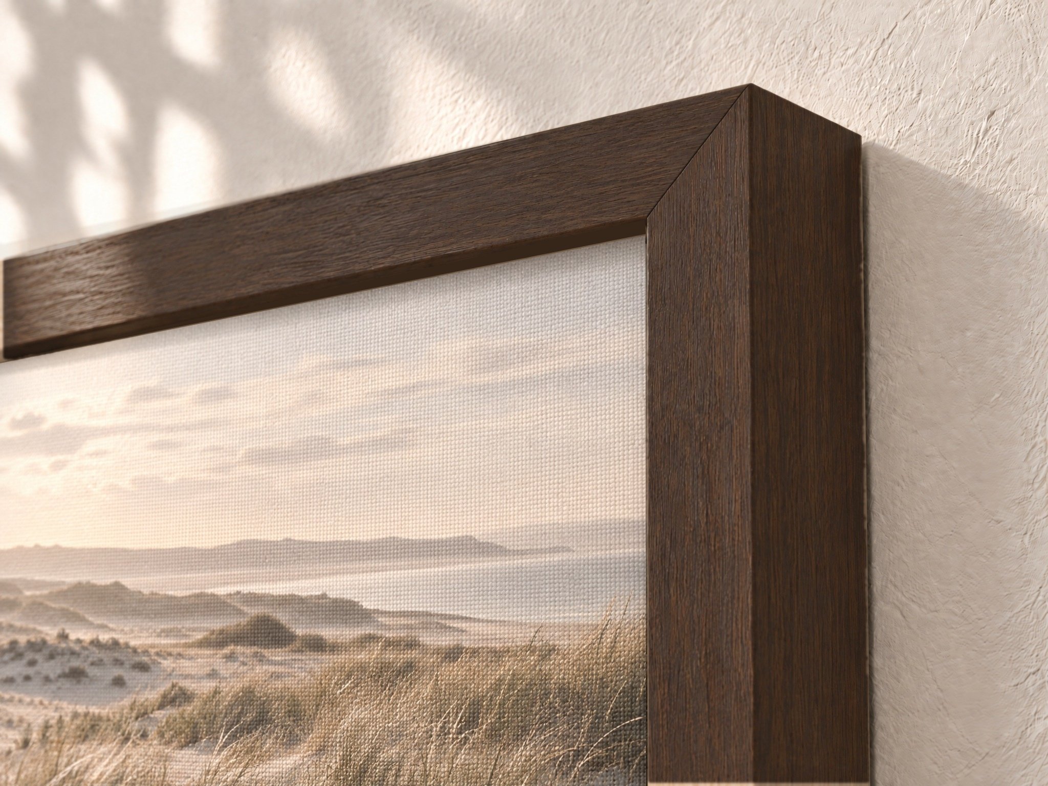 Framed Canvas Print — Dark Coffee: Angled corner close-up of the Dark Coffee wood veneer frame showing grain and profile