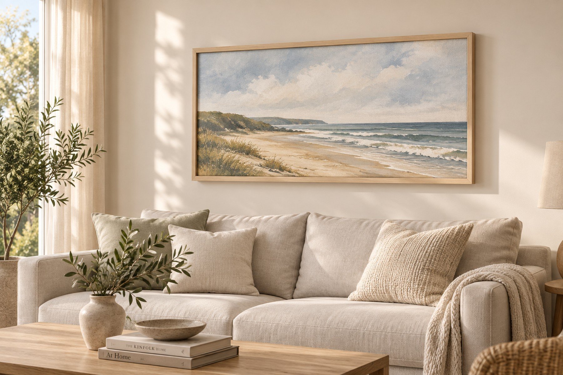 Framed Canvas Print: Light Ash framed canvas of a watercolour coastal seascape above a linen sofa in a bright living room
