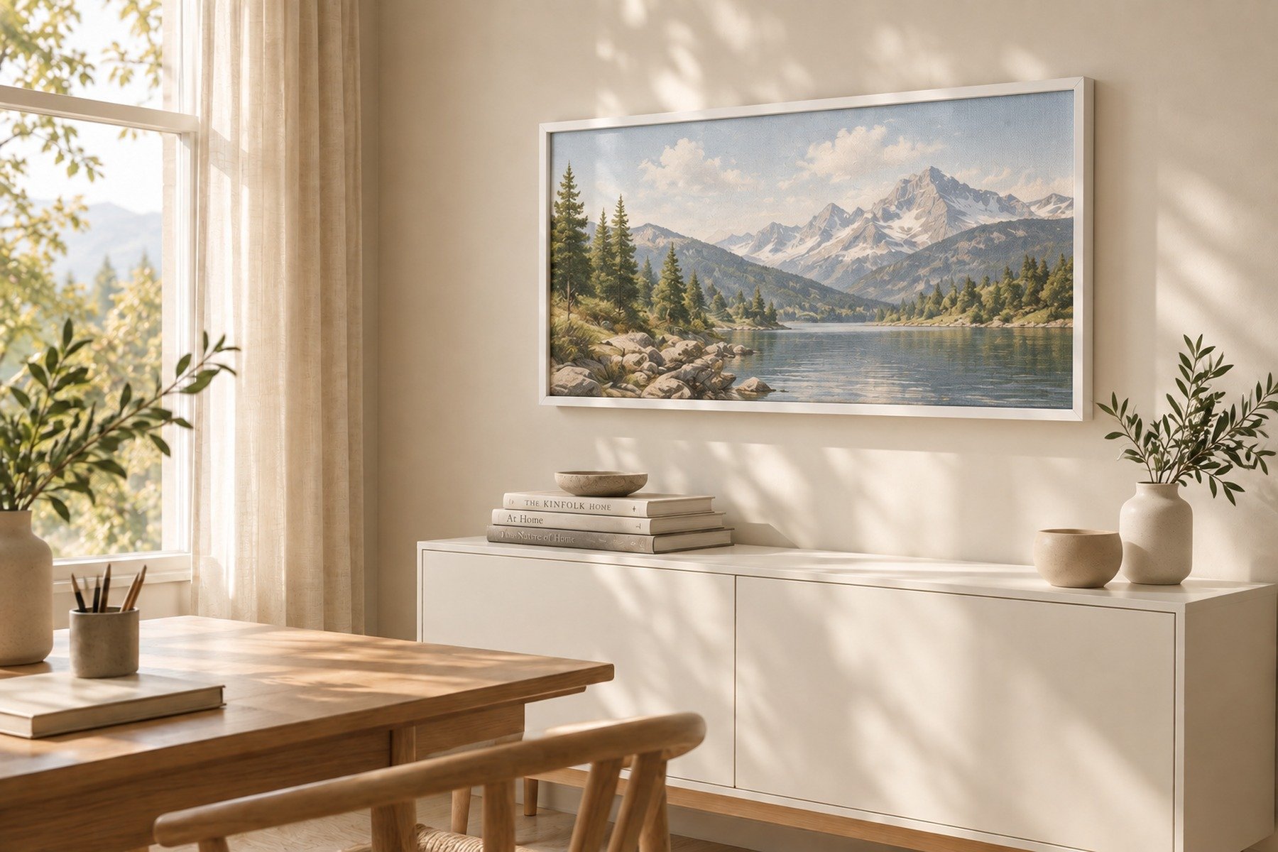 Framed Canvas Print: Set of two White framed canvases with warm abstract artworks above a sideboard