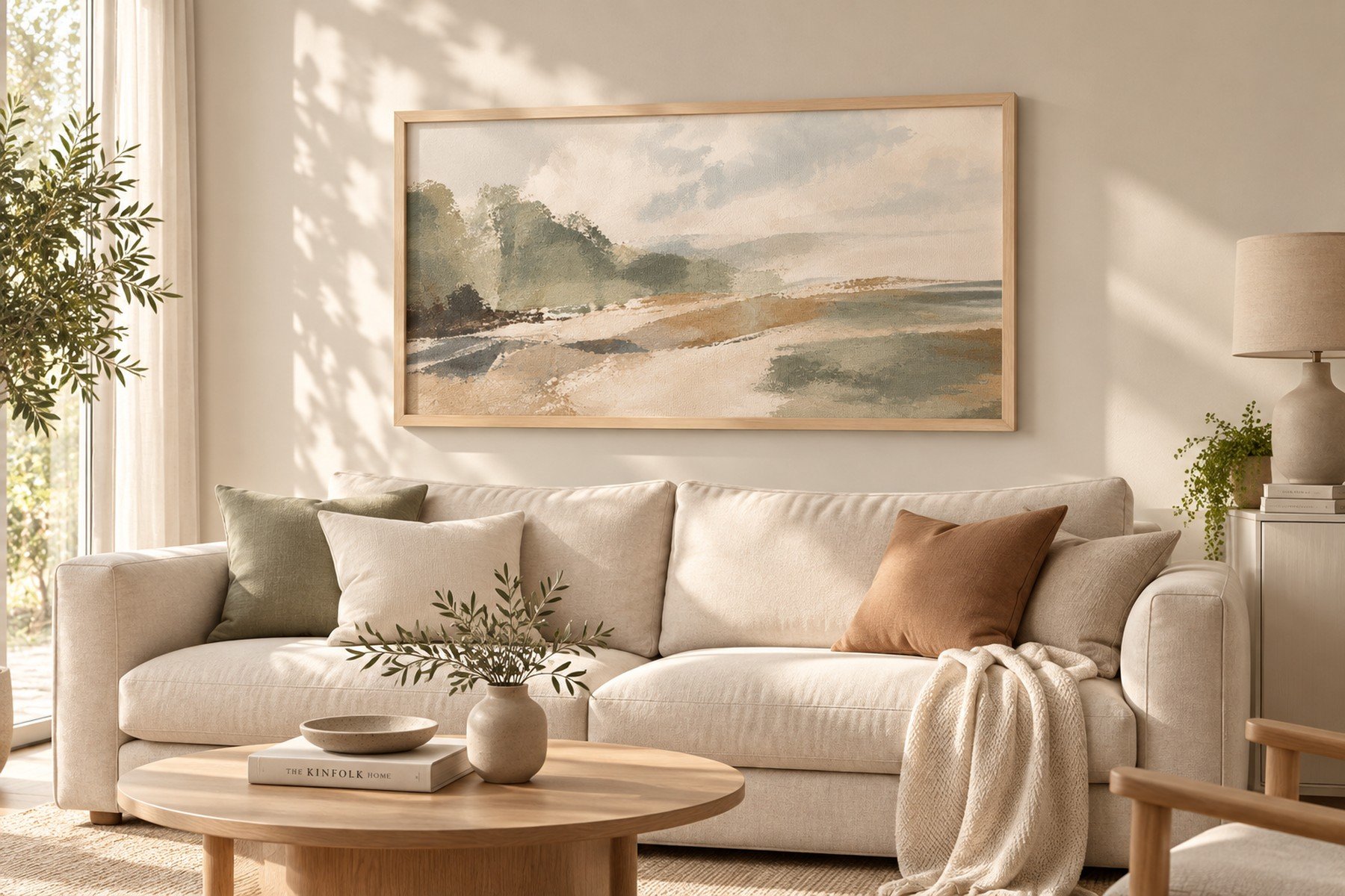 Framed Mounted Gallery Print: Light Ash framed mounted gallery print of a soft landscape artwork above a cream sofa in a bright living room