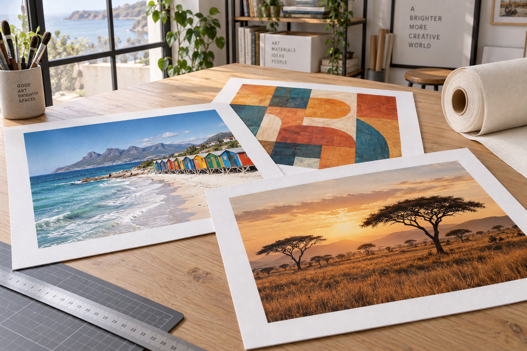 Loose Canvas Print: Loose canvas prints with white borders laid out on a framer’s craft table