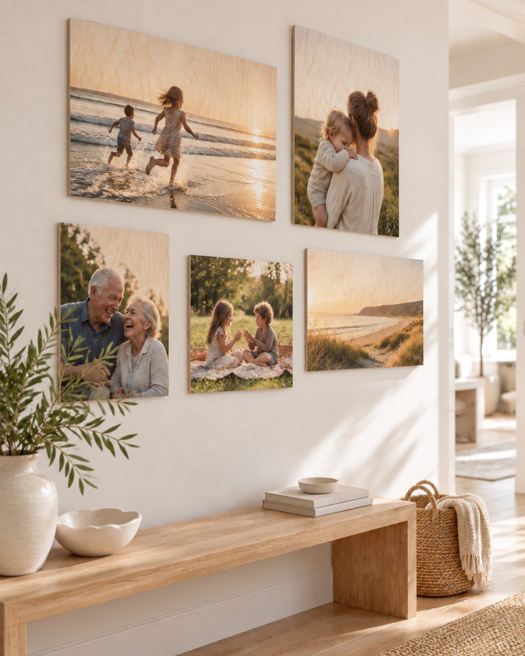 Natural Wood Print: Large landscape natural wood print on a feature wall in a modern living room
