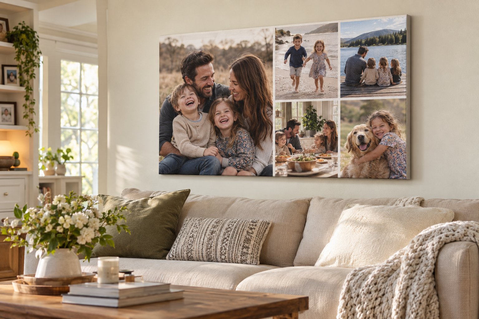 Photo Collage Prints: Photo collage canvas above a sofa in a family living room