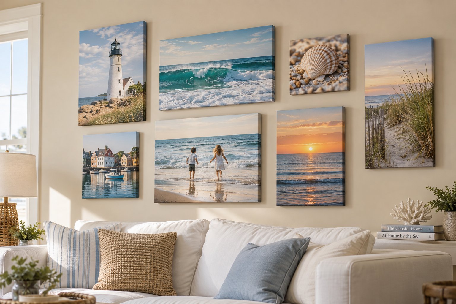 Photo Wall Prints: photo wall canvas arrangement as a feature wall in a bright living room