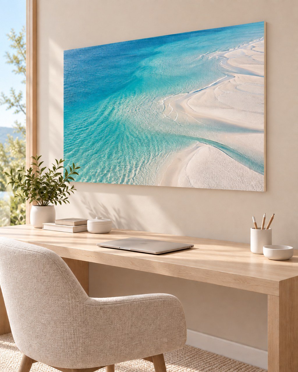 Photographic Wood Print: Large landscape photographic wood print on a feature wall in a modern living room