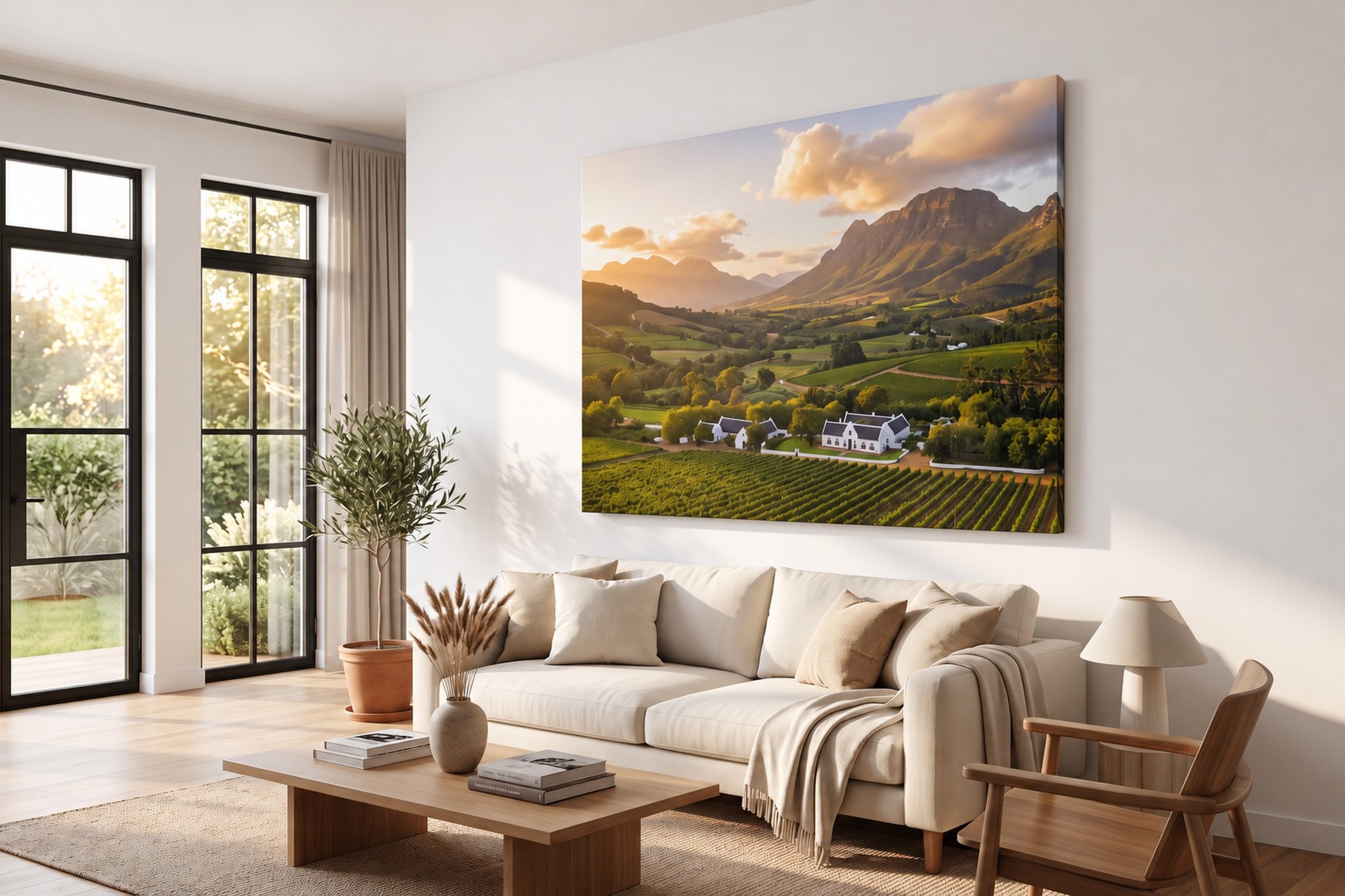 Premium Canvas Print: Large landscape premium canvas print on a feature wall in a bright living room — striking, true-to-life colour