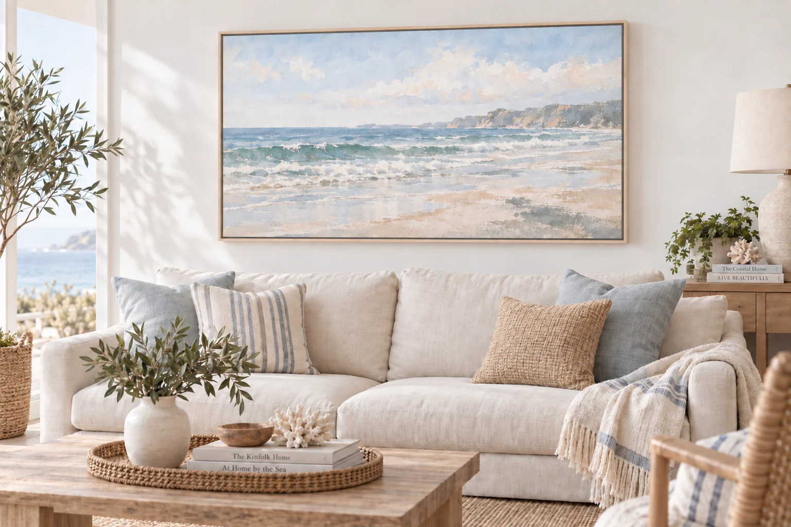 Shadow Box Framed Canvas Print: Light Ash shadow box framed canvas of a watercolour coastal seascape above a sofa in a bright living room