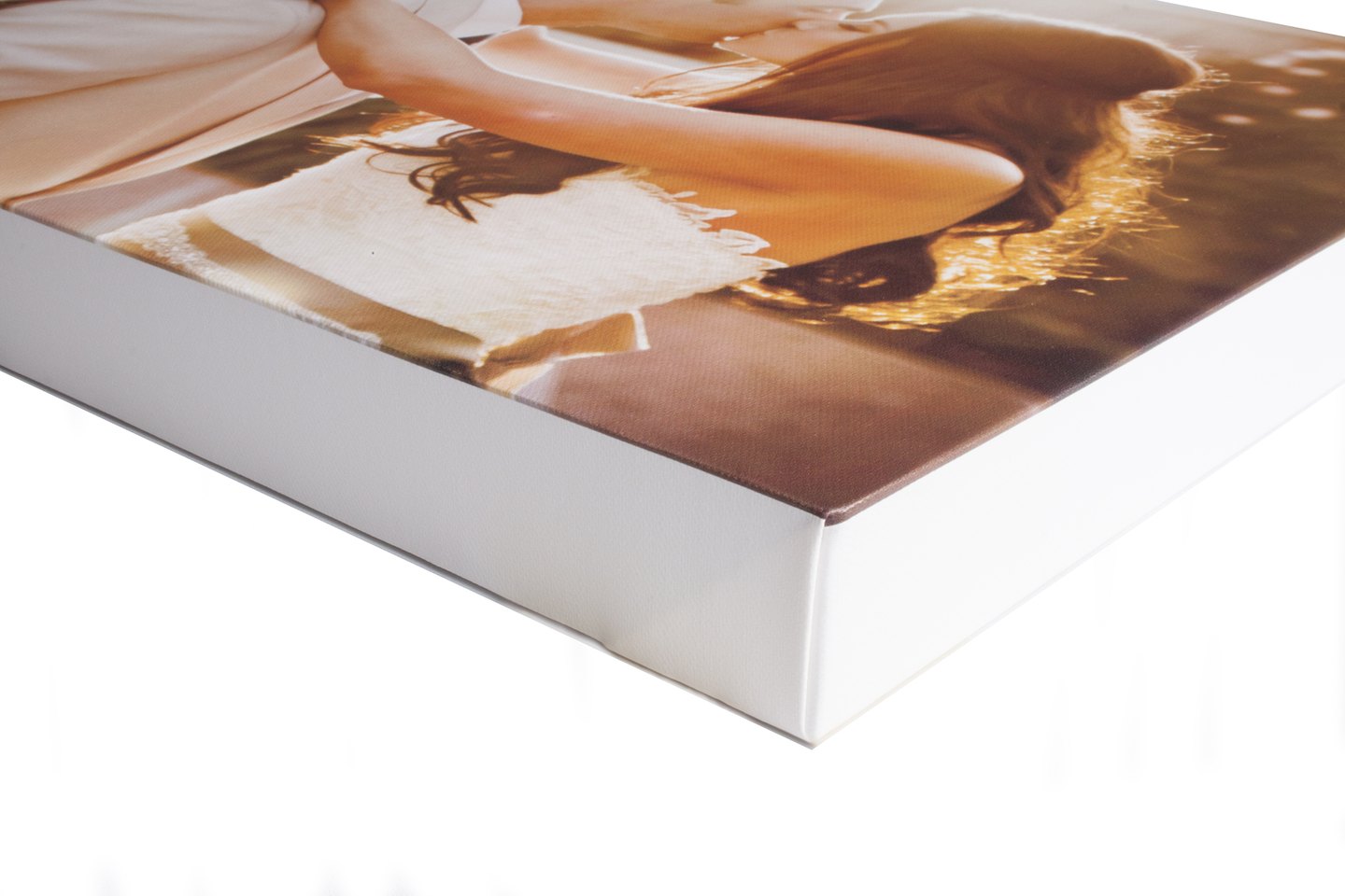 Split Photo Prints — White: Low-angle corner close-up of a canvas with a White edge