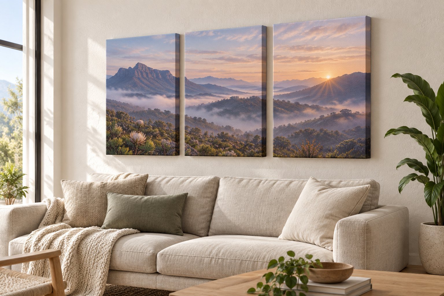 Split Photo Prints: split canvas arrangement as a feature wall in a bright living room