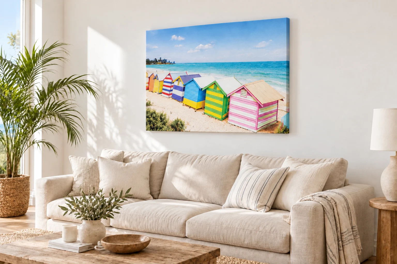 Standard Canvas Print: Large landscape standard canvas print on a feature wall in a bright living room — striking, true-to-life colour